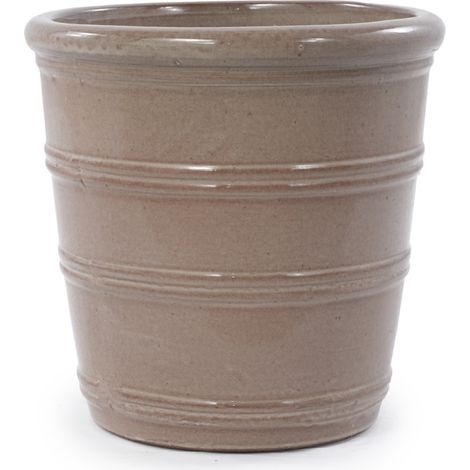 Handgefertigter Keramik-Pflanztopf Ø 32 cm, glänzend Taupe mit horizontalen Rillen (1/5)