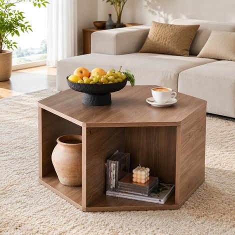 Multifunktionaler sechseckiger Couchtisch aus braunem MDF, 79 x 69,4 x 40 cm (1/5)