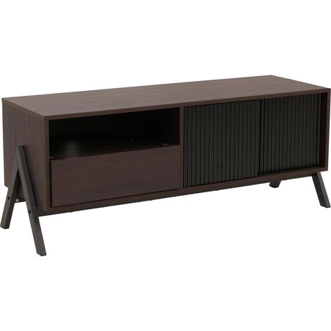 Mueble bajo de TV en acabado nogal 120 cm con puerta corredera cajón y almacenaje estructura de metal 040009221