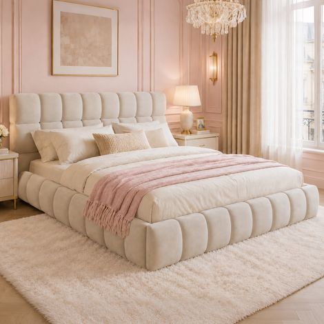 Lit rembourré 140 x 190 cm, lit enfant, lit double avec dossier moelleux, lit plat avec contour rembourré, cadre de lit rembourré en velours beige (matelas non inclus). (1/5)