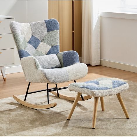 Poltrona a dondolo con poggiapiedi, seduta in tessuto, 122 x 68 x 91 cm, beige e blu HAVRYA (1/5)