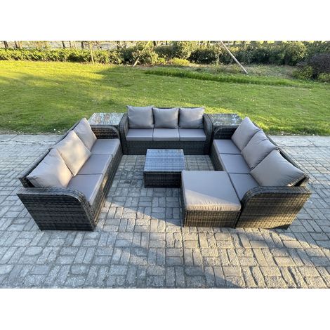 Fimous Rattan Outdoor Furniture Set Patio Garden Sofa Set with Square Coffee Table Big Footstool 2 Side Tables Dark Grey Mixed (1/5)