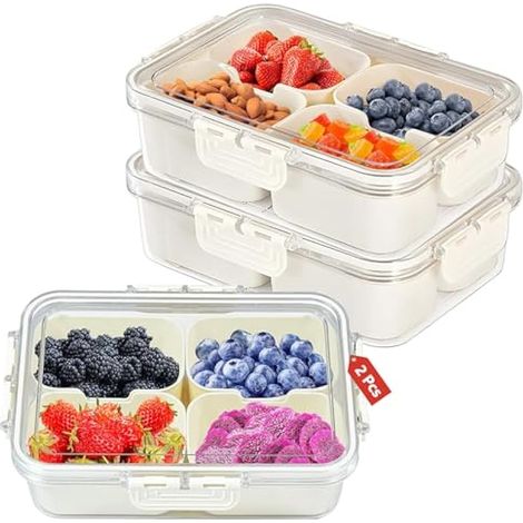 Boîte à snacks compartimentée, plateau à snacks avec 4 compartiments amovibles, boîte de service divisée avec couvercle, contenant alimentaire réutilisable pour bonbons, fruits, voyage, pique-nique (2 (1/5)