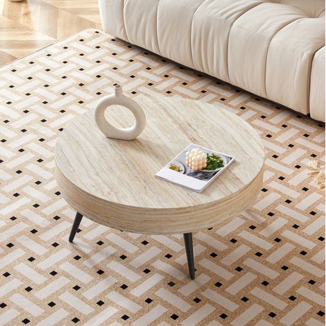 Table basse ronde 70 cm noir et bois en MDF et métal avec pieds réglables et bords arrondis (1/5)
