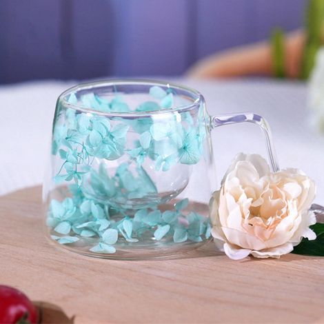 Verre double paroi avec fleurs séchées, 200ml, avec anse, pour Latte Macchiato & Cappuccino, bleu-vert