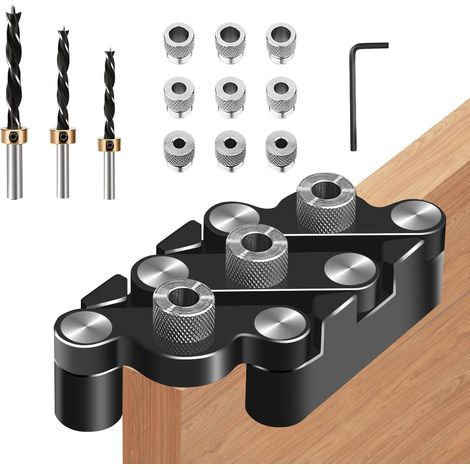 Kit de jauge de cheville auto-centrage 6/8/10 mm 3 en 1 pour le travail du bois avec clip de positionnement Guide de perçage réglable Puncher Locator et limiteur (1/5)