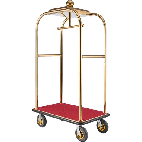 Mophorn Hotelgepäckwagen aus Edelstahl, 544,31 kg Tragkraft mit 8-Zoll-Gummirädern, Gepäckwagen mit rotem Teppichboden und Kleiderstange, ideal für Hotels und Resorts, Gold (1/5)