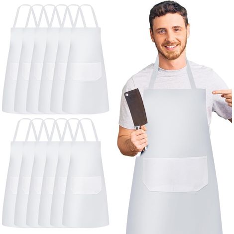 Lot de 12 Tabliers de Cuisine Réglables avec 2 Poches - Tablier de Chef Unisexe pour Pâtisserie, Restaurant, Café, Blanc, 76 cm (1/5)