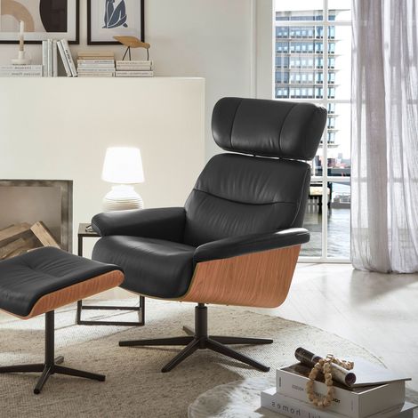 Fauteuil pivotant 83x86x102cm en cuir noir et décor chêne brun (1/5)