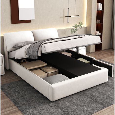 Cama abatible 140x200 de terciopelo beige, con cabecero, 3 cajones y somier de láminas, OKWISH (1/5)
