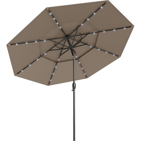 GOPLUS Parasol de Jardin Exterieur avec 32 Lumières LED, 3M Parasol Balcon Inclinable avec Toit à 3 Niveaux, 8 Baleines, Manivelle, Protection Solaire, pour Terrasse, Plage, Patio (Marron) (1/5)