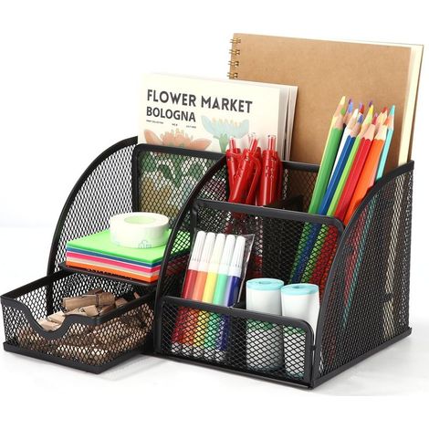 GABRIELLE Organiseur de bureau, organiseur en maille avec tiroir et porte-stylo, 7 compartiments de tri, organisateur et distributeur de stylos, dossiers, notes autocollantes (1/5)