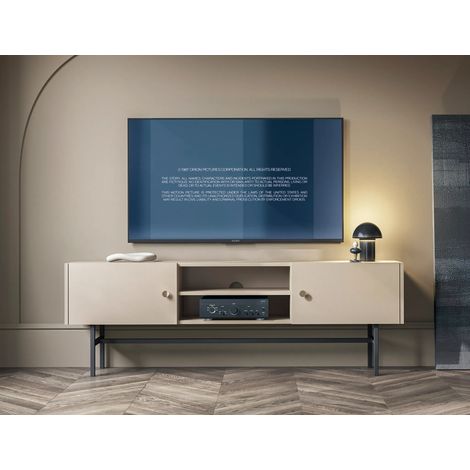 AX LIVING TV Bank beige Dinley – 155 cm Lowboard mit Metallgestell
