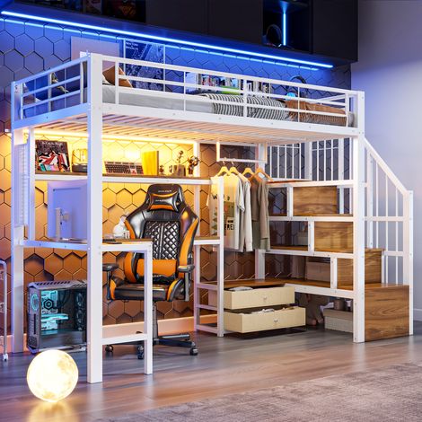 Lit mezzanine 90x200 cm avec 2 tiroirs et penderie éclairage LED intégré et bureau et escalier avec rangements Métal Blanc (1/4)