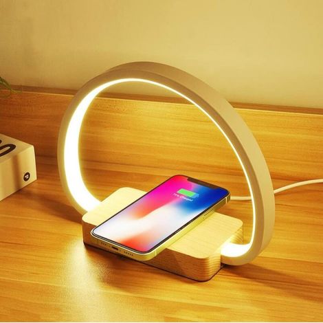 Lampe de chevet avec chargeur sans fil 10 W et recharge USB, veilleuse tactile à intensité variable en bois avec 3 niveaux de luminosité pour chambre à coucher, bureau, bureau (1/5)