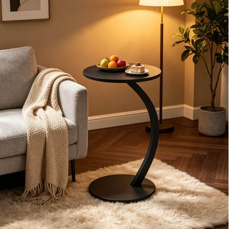 Tavolino rotondo a C 40x40x65 cm nero per divano in MDF e metallo design compatto MEUBLIV (1/5)