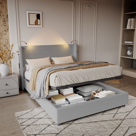 Polsterbett 140x200 cm, Samt, Kopfteil mit 2 Leselampen und USB-Anschlüssen, Bettgestell, Stauraum, Lattenrost, Doppelbett, Jugendbett – Grau (1/5)