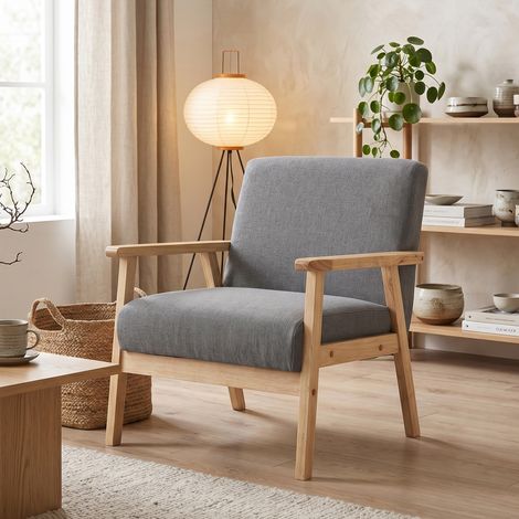 Fauteuil scandinave en bois massif, fauteuil d'appoint style nordique, tissu lin effet, dimensions 64x70x72 cm, gris et naturel (1/5)