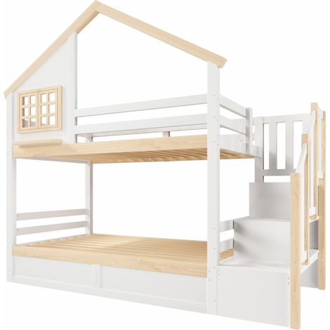 Letto a castello per bambini 90x200 cm con contenitore sotto il letto, bianco e naturale (1/5)