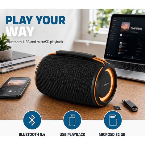 Nedis Bluetooth®-Lautsprecher / 360 min / Handgerät / 40 W / Mono / Aussenbereich / Startseite / Tragbar / Verknüpfbar / Orange / Schwarz
