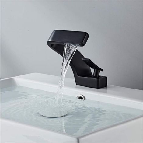 Mitigeur de lavabo Noir en laiton avec valve en céramique à arc bas pour salle de bain avec une poignée simple touchant un pour mitigeur d'eau chaude et bouclée Noir mat (1/4)