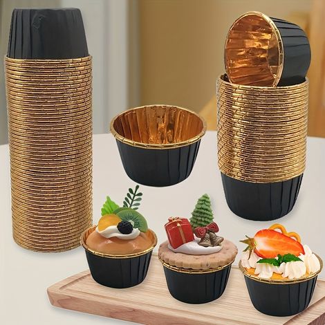 50 pièces Moules à pâtisserie en papier résistants à la chaleur, bords roulés et enduits, couleur blanche avec un bord doré (1/4)