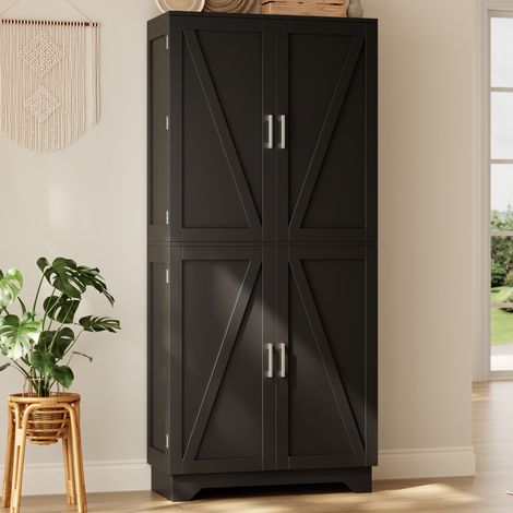 Armario de cocina alto con 4 puertas de granero, botellero y estantes en las puertas, MDF en negro y acabado madera clara, 80 × 40 × 180 cm, para comedor y salón FLORAGRACE (1/5)