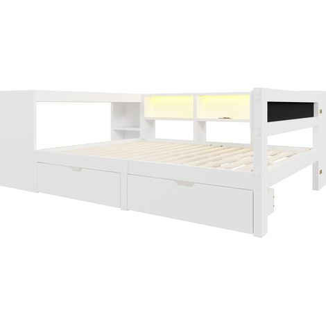 Lit plateforme 140x200 blanc avec rangements, tiroirs, station de charge, tête de lit capitonnée (1/5)