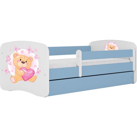 Lit enfant et adolescent 70 x 140 cm avec tiroir et barrière amovible bleu, motif ourson et papillons (1/5)
