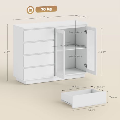 Buffet en bois avec 4 tiroirs, vitrine et étagères réglables, 120x40x91cm, blanc. (1/5)