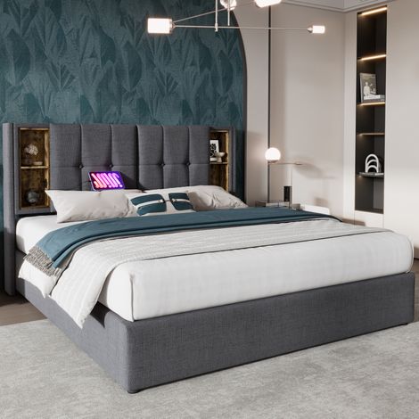 Cama tapizada 180x200 cm gris con carga inalámbrica, USB y almacenamiento (1/5)