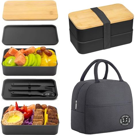 Bento Lunch Box 2 Couches Boite Repas Compartiment 1200 ml Boite Bento avec Couverts Kit et Sac, Lunchbox Hermétique, pour Adultes Enfants Pique-Niques Travail L'école (Noir) (1/5)