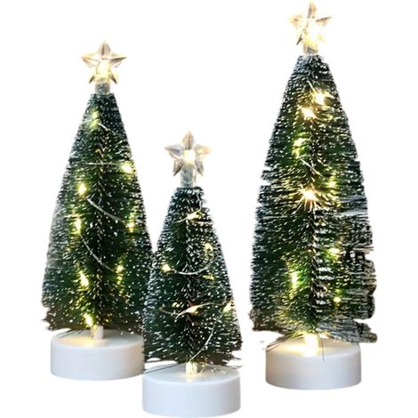 Juego de 3 árboles de Navidad, LED, funcionan con pilas, base de madera, para escritorio. (1/5)