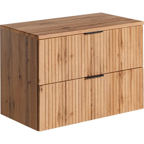 Vente-Unique – Meuble sous vasque simple strié – Naturel clair – L80 cm – 2 tiroirs avec coulisseaux soft close – Éco-responsable fabriqué en Europe