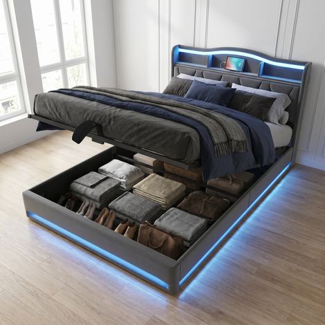 Stauraumbett 160x200 cm, Polsterbett mit Bettkasten, Doppelbett, RGB-LED und USB, aufklappbarer Lattenrost, Kopfteil mit Stauraum, Samt, Grau