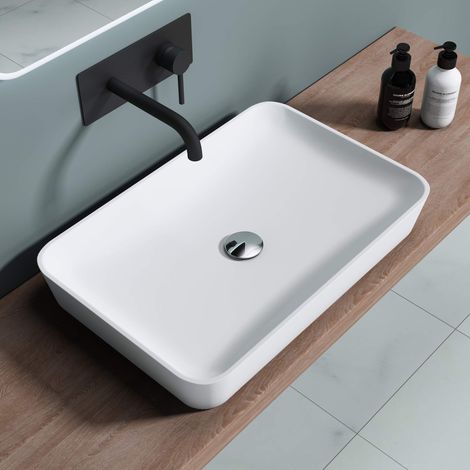 doporro Lavabo da Appoggio, Lavandino Bagno 60x40x9cm, Lavabo da Minerale Fuso Colossum815, Bianco Opaco (1/5)