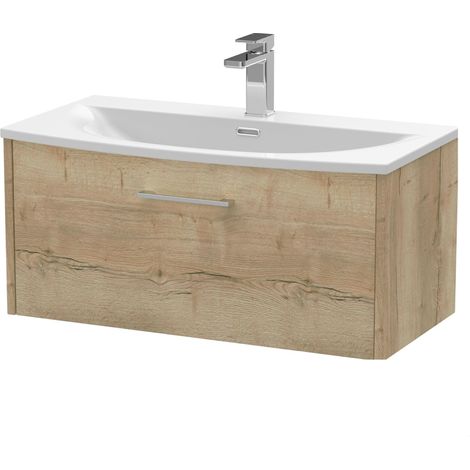 Winshill Contemporary 1 Drawer Wall Hung Vanity Unit with Curved Basin, Light Oak, 800mm