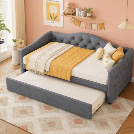 Daybed 90 x 200 cm mit Ausziehbett aus Leinen und MDF, grau, ohne Matratze (1/5)