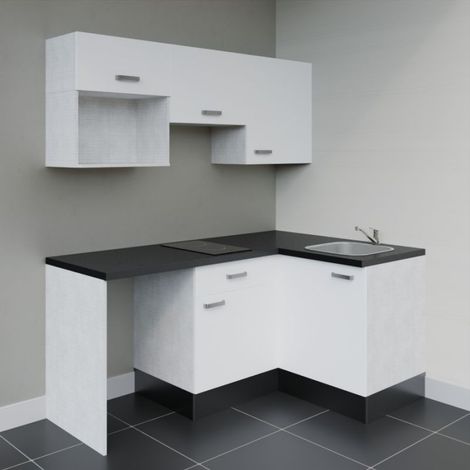 Kitchenette d'angle KA03L-PT avec plan de travail et évier - Façade Blanc - Plan Noir texturé - Evier Inox - Crédences Non