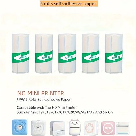 Rouleaux de 5 mini rouleaux de papier autocollant thermique blanc 57 x 25 mm pour imprimantes de poche portables (1/5)