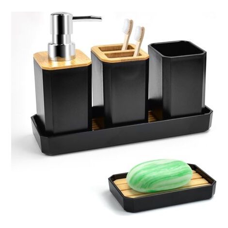 Accessoires de salle de bain 5 pièces Accessoires de salle de bain en bambou, avec flacon de lotion, porte-brosse à dents, gobelet à dents, porte-savon, plateau (noir) (1/5)