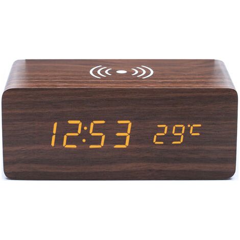 1pc Réveil en Bois brun avec Chargeur sans Fil Qi Compatible avec iPhone Samsung Horloge Numérique LED en Bois Fonction de Contrôle du Son, Affichage de l'Heure, de la Date et de la Température (1/4)