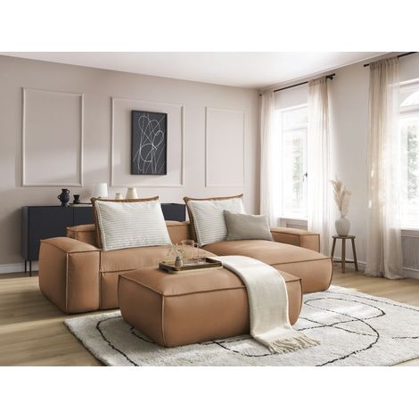 BOBOCHIC - Canapé d'angle réversible ultra moelleux BOHEME cuir végan avec pouf   Marron clair (1/5)