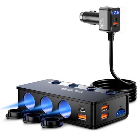 Chargeur de Voiture 180W USB-C PD USB QC3.0, 3 Prises Adaptateur Allume Cigare USB 12V/24V avec 6 Ports avec Affichage LED pour iPhone Dash Cam (1/5)