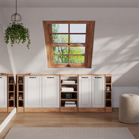 Ensembles de meuble de rangement sous pente Rion, Blanc campagnard/Chêne doré, Lot de 5, Vicco