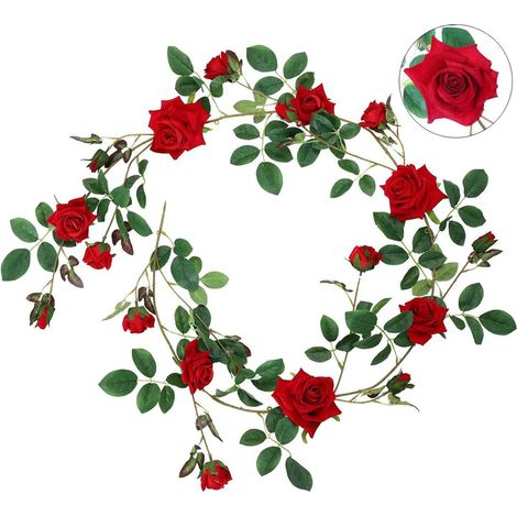 MINKUROW Guirnalda De Rosas Franela Rosas Artificiales 19 Capullos Decoración De Rosas Fiesta De Bodas Romántica Sala De Estar Decoración De Ventanas Aspecto Real En Blanco Rosa Rojo (Rojo) (1/5)