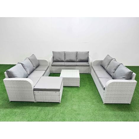 Fimous PE Rattan Lounge Sofa Set 10 Seater Outdoor Garden Furniture Set with Square Coffee Table 3 Seater Sofa Big Footstool Light Grey (1/4)