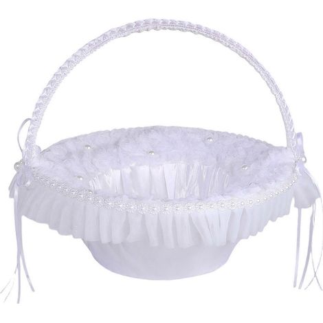 Panier de mariage orné de dentelle blanche, accessoire de mariée, panier à fleurs avec perles artificielles pour la cérémonie de mariage (blanc) (1/5)