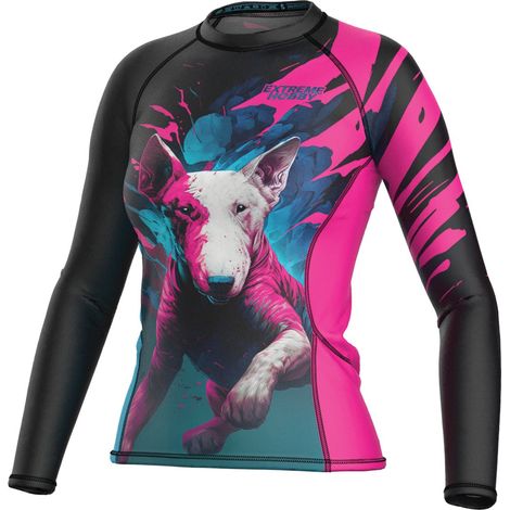 Langarm-Rashguard für Damen, leuchtendes Bullterrier-Muster, Größe XS, Schwarz
