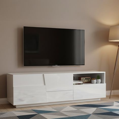 Dmora - TV-Ständer Velio, niedriges Wohnzimmer-Kommode mit 2 Türen und 1 Schublade, TV-Ständer-Basis, 150x44x46 cm, glänzendes Weiß (1/5)